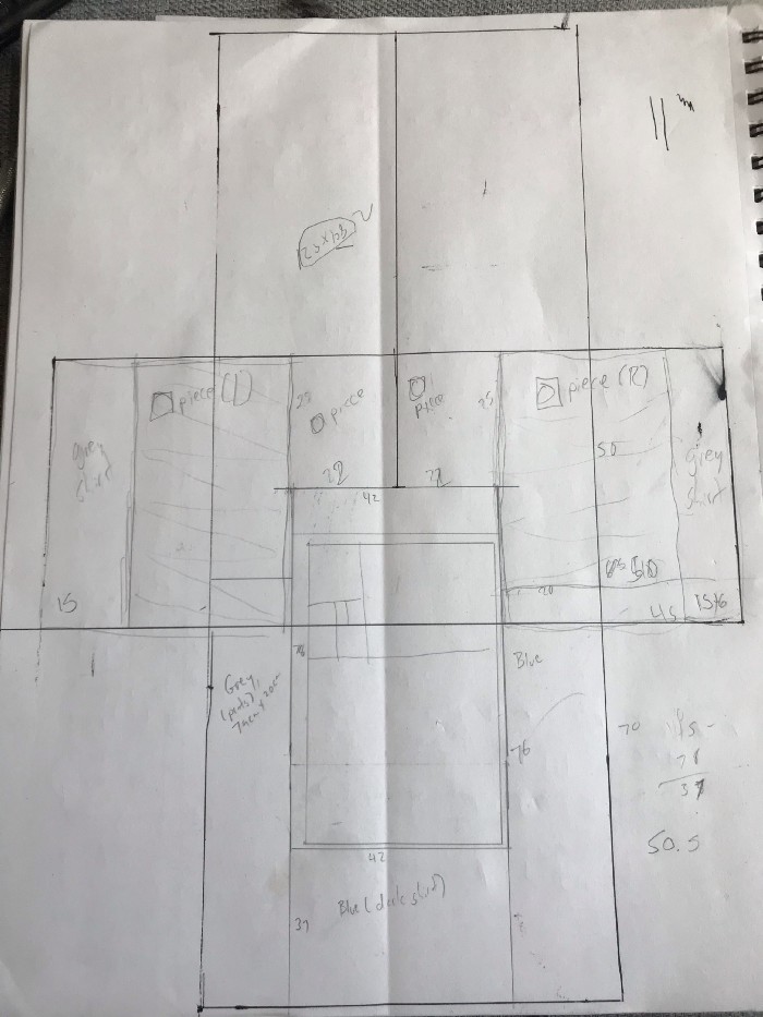 Diagram to help me lay out the materials for the shell. I use diagrams like this to unblock myself when I feel stuck, but I don’t spend longer on them than I need to. The front panels here aren’t filled in because by the time I got to them it was easier to just take the fabrics I had and try different layouts.