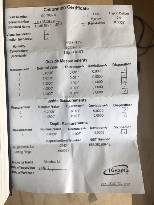 Calibration certificate for a pair of digital calipers