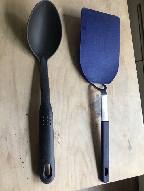 nylon serving spoon; nylon, metal, and silicone spatula.