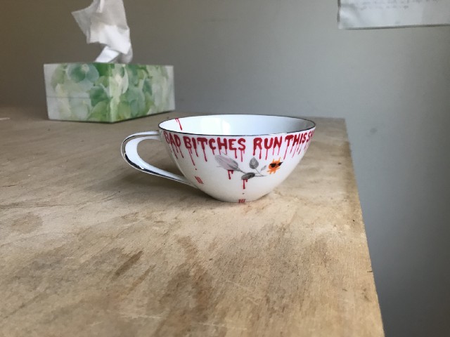 hand-embellished porcelain tea cup by Emily Hillburg.